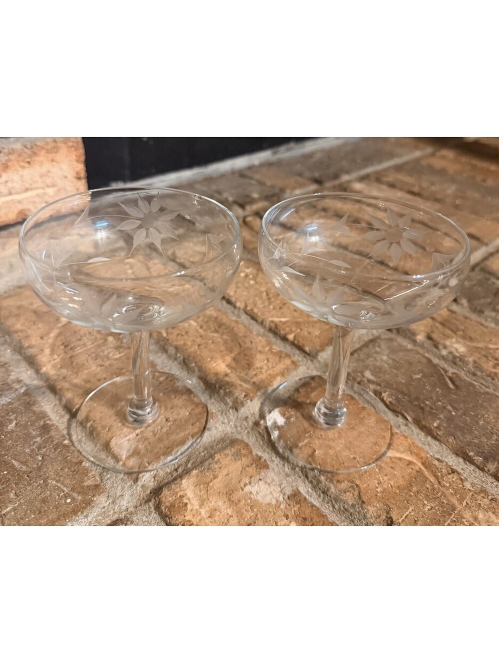 VTG Set 2 Etched Flower Leaves Champagne Sherbet Glasses